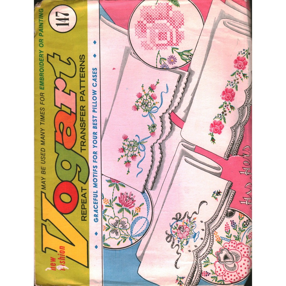 Vintage Vogart 147 Repeat Transfer Patterns Embroidery Pillowcases Floral 1950s